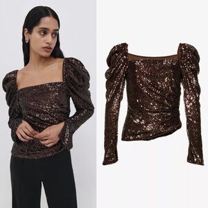 NWT Jonathan Simkhai Allura Hammered Sequin-Embellished Puff Sleeve Top Size 8